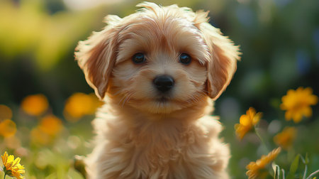 Close-up of a fluffy puppy with a tiny nose and bright eyes, sitting in a field of flowers, enhancing its cuteness and natural beauty.の素材