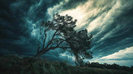Close-up of a powerful summer storm with dark, swirling clouds and strong gusts of wind affecting trees and structures, highlighting the storm's impact.の素材