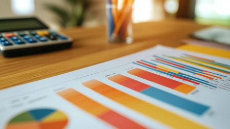 Close-up of a printed financial graph with colorful bar charts and line indicators, displayed on a desk alongside financial documents and a calculator.の素材