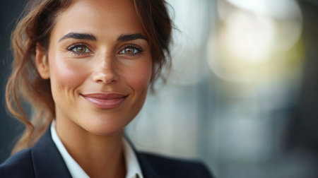 Close-up of a professional businesswoman with a warm, engaging smile, captured in high detail, reflecting confidence and competence in her fieldの素材