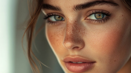 Close-up of a woman with expressive eyes and a gentle smile, emphasizing her well-defined features and natural beauty in a soft, flattering light.の素材