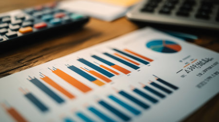 Close-up of a printed financial graph with colorful bar charts and line indicators, displayed on a desk alongside financial documents and a calculator.の素材