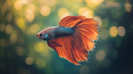 Close-up of a vibrant Betta fish with flowing fins and bright colors, swimming gracefully in a clear, well-lit aquarium with a natural backgroundの素材