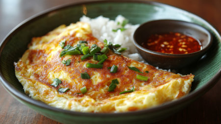 Close-up of a Thai-style omelette with golden, crispy edges, served atop a bowl of rice, with a small dish of chili sauce on the side.の素材