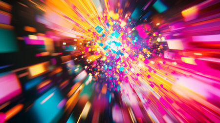 Close-up of an abstract background with a burst of bright, neon colors and geometric patterns, creating an energetic and contemporary visual effect.の素材