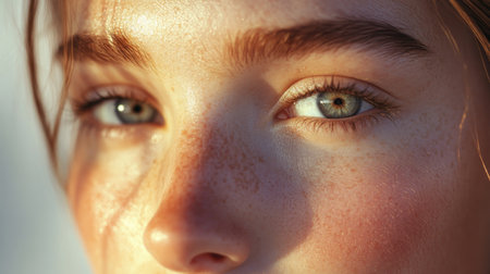 Close-up of a woman's beautiful face, with clear, glowing skin and a serene expression, highlighting her natural beauty and elegance.の素材