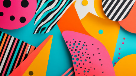 Close-up of a vibrant, modern graphic design featuring dynamic shapes and bright colors, perfect for digital media and creative projects.の素材