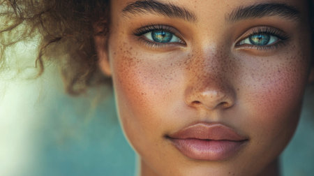 Close-up of a woman's beautiful face, with clear, glowing skin and a serene expression, highlighting her natural beauty and elegance.の素材