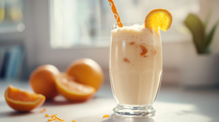 Close-up of a stylish glass filled with a creamy orange smoothie, decorated with a twist of orange peel and a bright straw, set on a clean, bright surfaceの素材