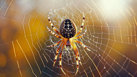 Close-up of a spider weaving its web, capturing the fine details of the web structure and the spider legs and body as it works.の素材