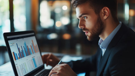 Close-up of a young businessman in a sharp suit, confidently looking at a laptop screen with financial charts, showcasing professionalism and focus.の素材