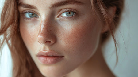 Close-up of a woman's beautiful face, with clear, glowing skin and a serene expression, highlighting her natural beauty and elegance.の素材