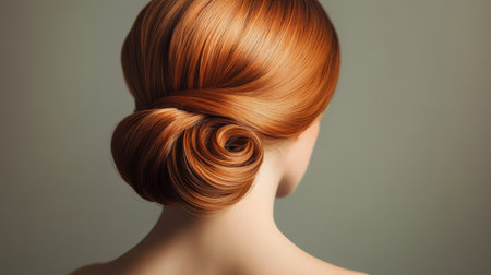 Close-up of a woman with a stunning, classic chignon hairstyle, featuring neatly arranged hair and a refined, elegant appearance.の素材