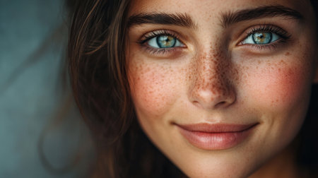 Close-up of a woman with expressive eyes and a gentle smile, emphasizing her well-defined features and natural beauty in a soft, flattering light.の素材