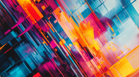 Close-up of an abstract background with a burst of bright, neon colors and geometric patterns, creating an energetic and contemporary visual effect.の素材