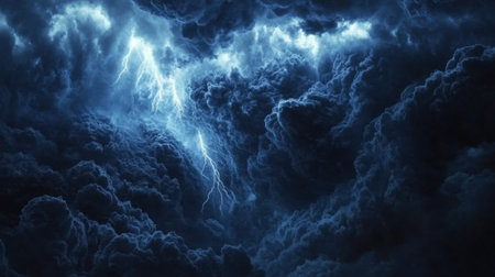 Close-up of dark, menacing storm clouds forming on the horizon, with lightning streaking through and a dramatic contrast against the sky.の素材