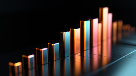 A sleek 3D bar graph with glossy columns of different heights, set against a dark background, emphasizing data visualization in finance and businessの素材