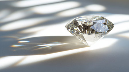 A close-up of a single sparkling diamond resting on a pristine white background, showcasing its brilliant cut and facets reflecting light.の素材