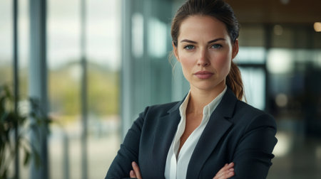 A clear, high-definition portrait of a businesswoman with a serious yet approachable demeanor, dressed in executive attire and ready for a meeting.の素材