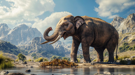 An elephant using its trunk to pick up food from the ground, highlighting the unique and versatile features of this intelligent and strong animal.の素材