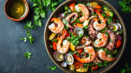 A colorful seafood salad photographed from above, with a mix of shrimp, octopus, and clams tossed in olive oil, fresh vegetables, and herbs.の素材