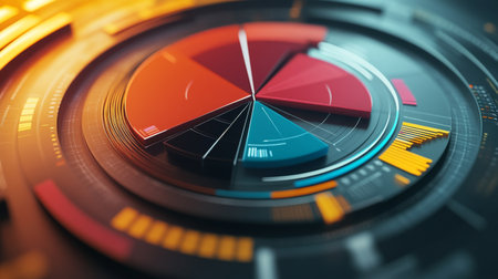 Close-up of a 3D pie chart with interactive elements, including hover effects and clickable segments, illustrating a sophisticated data presentation.の素材