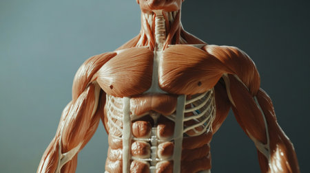 A high-resolution shot of a human torso showing the anatomical structure, including well-defined abs and ribcage, emphasizing the body form and fitness.の素材