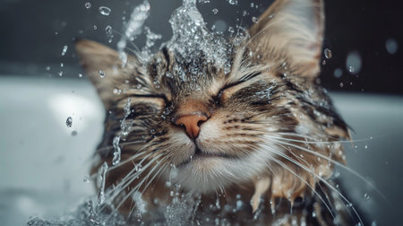 Close-up of a cat enjoying a bath, with water droplets on its fur and a content expression, showing the details of its wet fur and playful splashes.の素材
