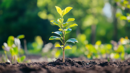 Close-up of a young tree with a small stake for support, being planted in a garden, highlighting the planting process and early care for the sapling.の素材