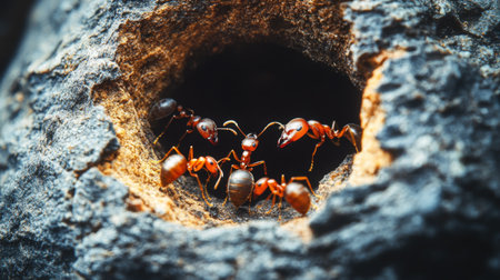Close-up of an ant nest with several ants emerging, focusing on the entrance and the busy activity of the ants as they move in and out.の素材