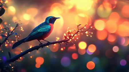 Close-up of a vibrant bird perched on a branch, with a stunning, blurred background of colorful lights and bokeh effects creating a magical atmosphere.の素材