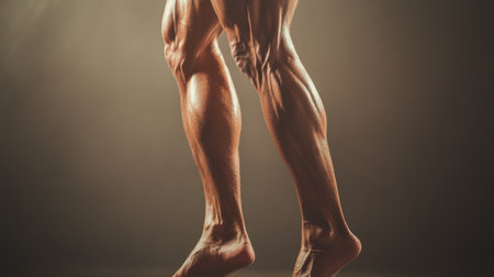 Close-up of human legs with a focus on toned muscles and skin texture, captured in a natural pose to highlight physical fitness and body structure.の素材
