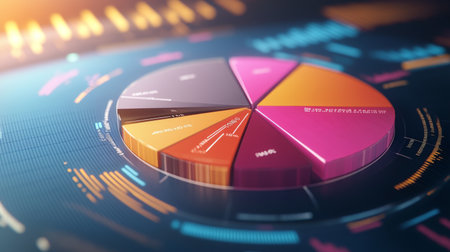 Close-up view of a 3D pie chart with segments highlighted in different shades, showing detailed labels and percentages for clear data representation.の素材