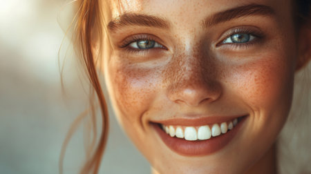 Detailed portrait of a woman with a radiant smile and flawless complexion, capturing her graceful features and charming demeanor in high resolution.の素材