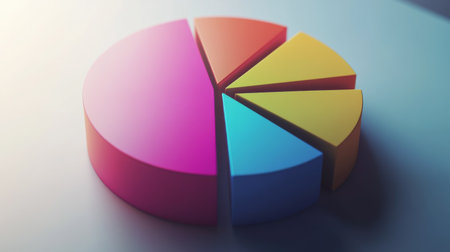 Detailed shot of a 3D pie chart with a shadowed effect, showing detailed breakdowns of data in a visually appealing and informative format.の素材