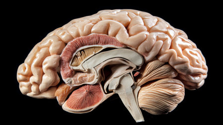 Detailed image of a human brain model with clear anatomical labeling, showcasing the various regions and their functions.の素材