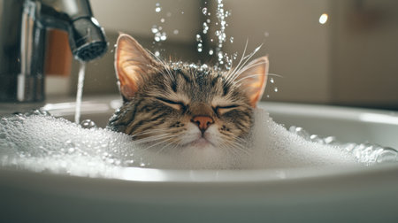 Detailed shot of a cat being gently bathed in a sink, with bubbles and water droplets visible on its fur, highlighting the cat's curious and relaxed demeanor.の素材