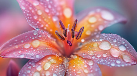 Detailed image of a flower with intricate water droplets on its petals, highlighting the textures and natural beauty of the flower in a serene setting.の素材
