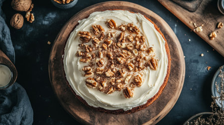 Detailed shot from above of a classic carrot cake with cream cheese frosting and a sprinkle of walnuts, capturing its rustic charm and homemade appeal.の素材