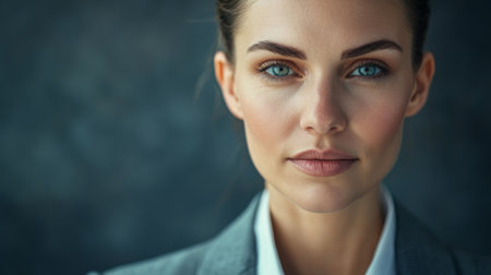 Detailed portrait of a businesswoman with clear skin and a professional expression, wearing business attire and exuding confidence and leadershipの素材