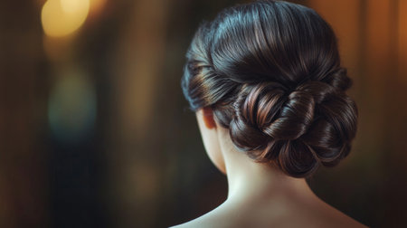 Detailed shot of a woman with an elegant updo hairstyle, showcasing the intricate arrangement of her hair and adding a touch of sophistication.の素材