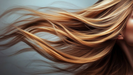 Detailed shot of a woman with beautifully layered hair, showcasing the movement and texture of her hairstyle in a soft, blurred background.の素材