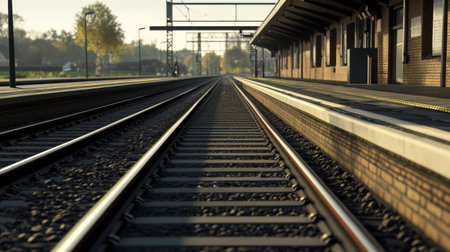 Detailed shot of a railway platform with tracks in view, showing the interaction between the platform and the rails, and the surrounding environment.の素材