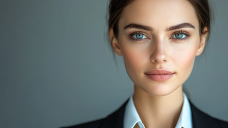Detailed portrait of a businesswoman with clear skin and a professional expression, wearing business attire and exuding confidence and leadershipの素材