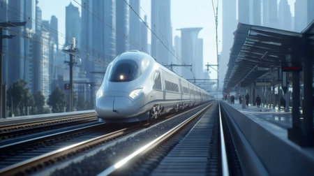 Detailed shot of a high-speed train approaching a station, showcasing its streamlined exterior and advanced technology against a dynamic urban backdrop.の素材