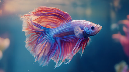 Detailed shot of a Betta fish with elaborate fins and vivid hues, showcasing its intricate patterns and elegant movement in a crystal-clear tankの素材