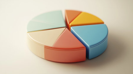 Detailed view of a 3D pie chart with segment labels and percentage values, set against a neutral backdrop to highlight the chart's design and data accuracy.の素材