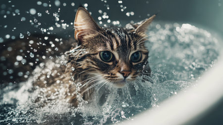 Detailed shot of a cat being bathed in a pet bathing tub, with water splashing around and the cat's fur glistening, emphasizing the bath time environmentの素材