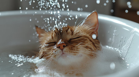 Detailed shot of a cat being bathed in a pet bathing tub, with water splashing around and the cat's fur glistening, emphasizing the bath time environmentの素材