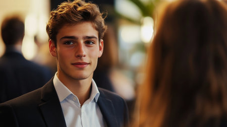 Detailed shot of a young businessman at a networking event, engaging in conversation and exchanging business cards, reflecting a dynamic professional interaction.の素材
